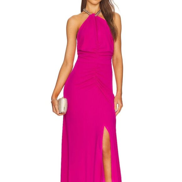 Veronica Beard Reze Hot Pink Ruched Gold Chain Halter Maxi Dress NWT 598 Sz L - Picture 2 of 14